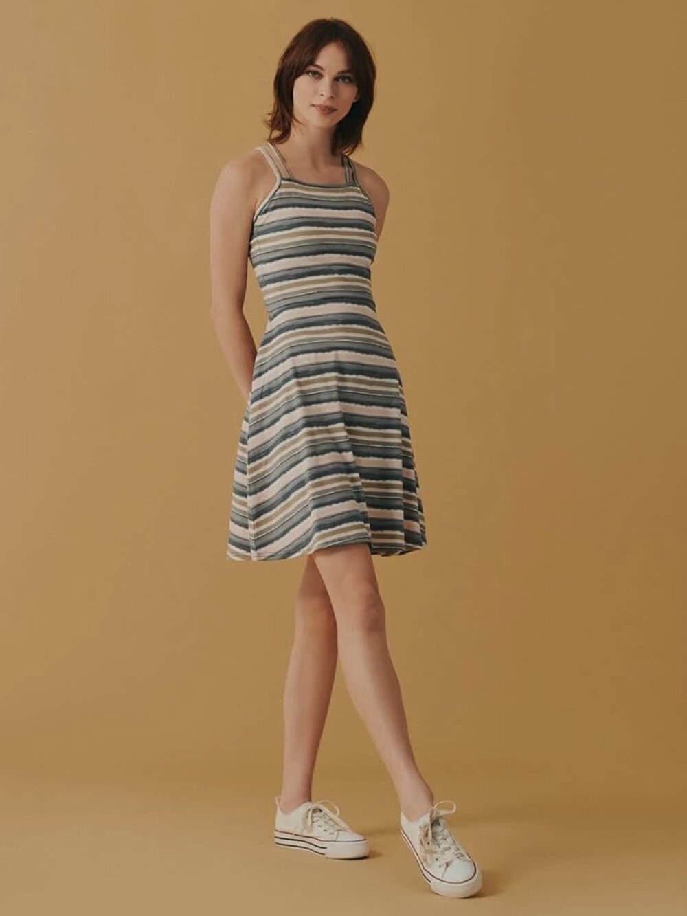 PACT Striped Built in Bra Dress Organic Cotton Fit & Flare Dress with Pockets S - Picture 6 of 11